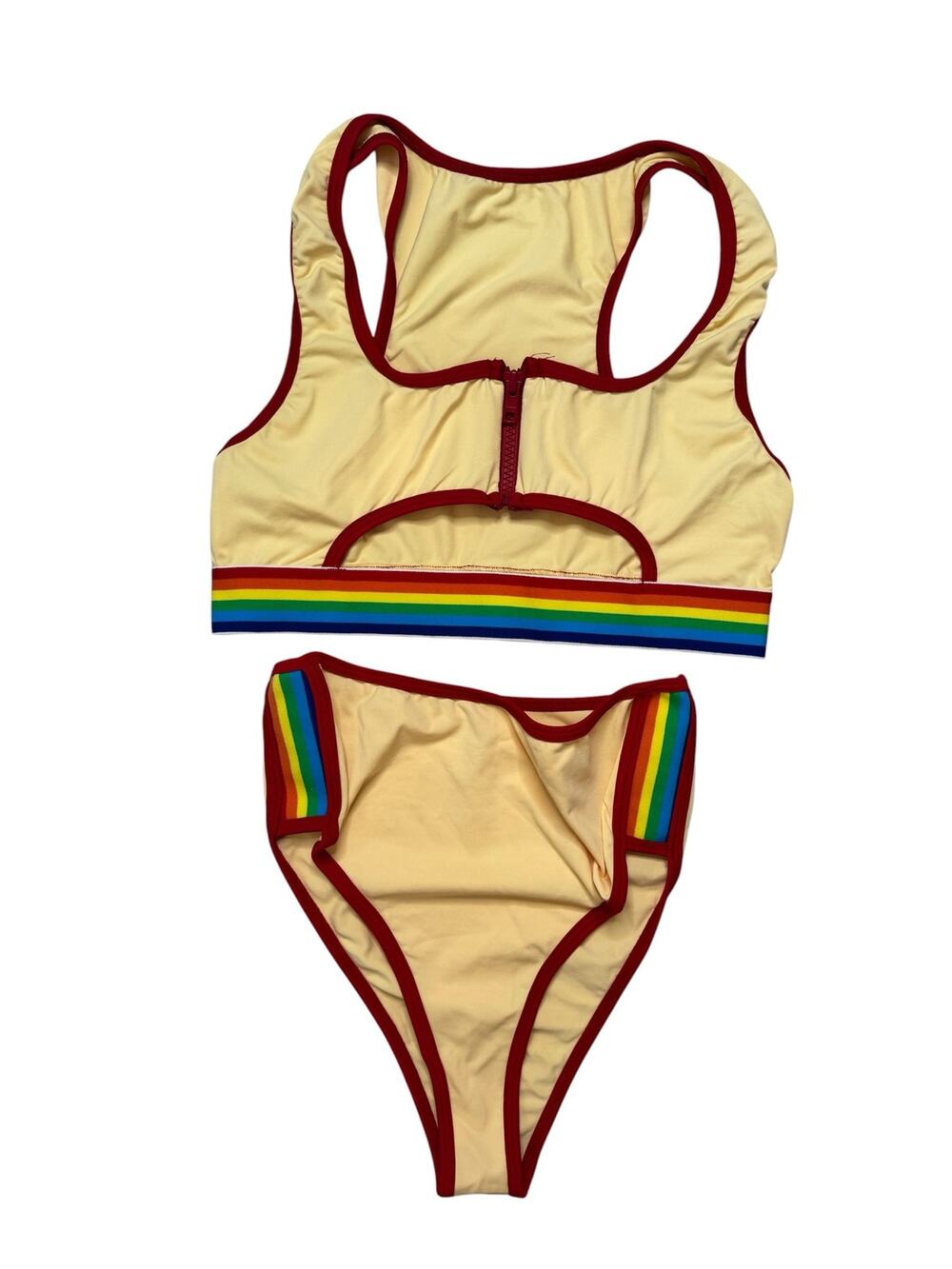 MAPALE Rainbow Trim Yellow 2-piece Swim Suit Size Medium High Leg Zipper Keyhole